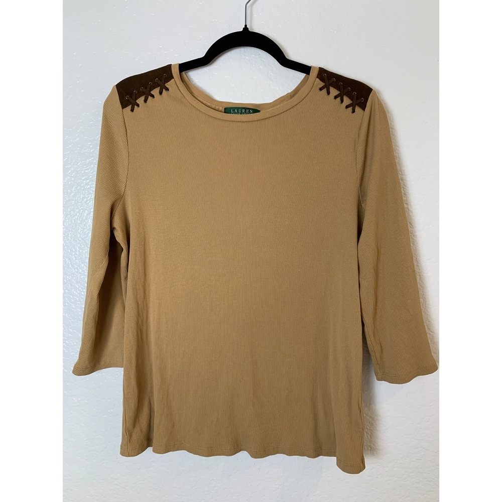 Lauren Ralph Lauren Ribbed Top Womens 1X Camel Lace Up Suede Patch Preppy